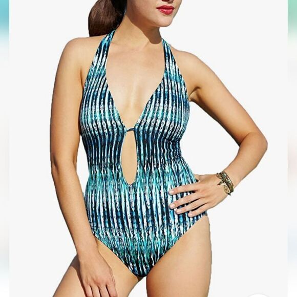 BAR III WOMEN'S PRINTED PLUNGE INDIGO LACE-UP ONE-PIECE SWIMSUIT - Picture 11 of 15